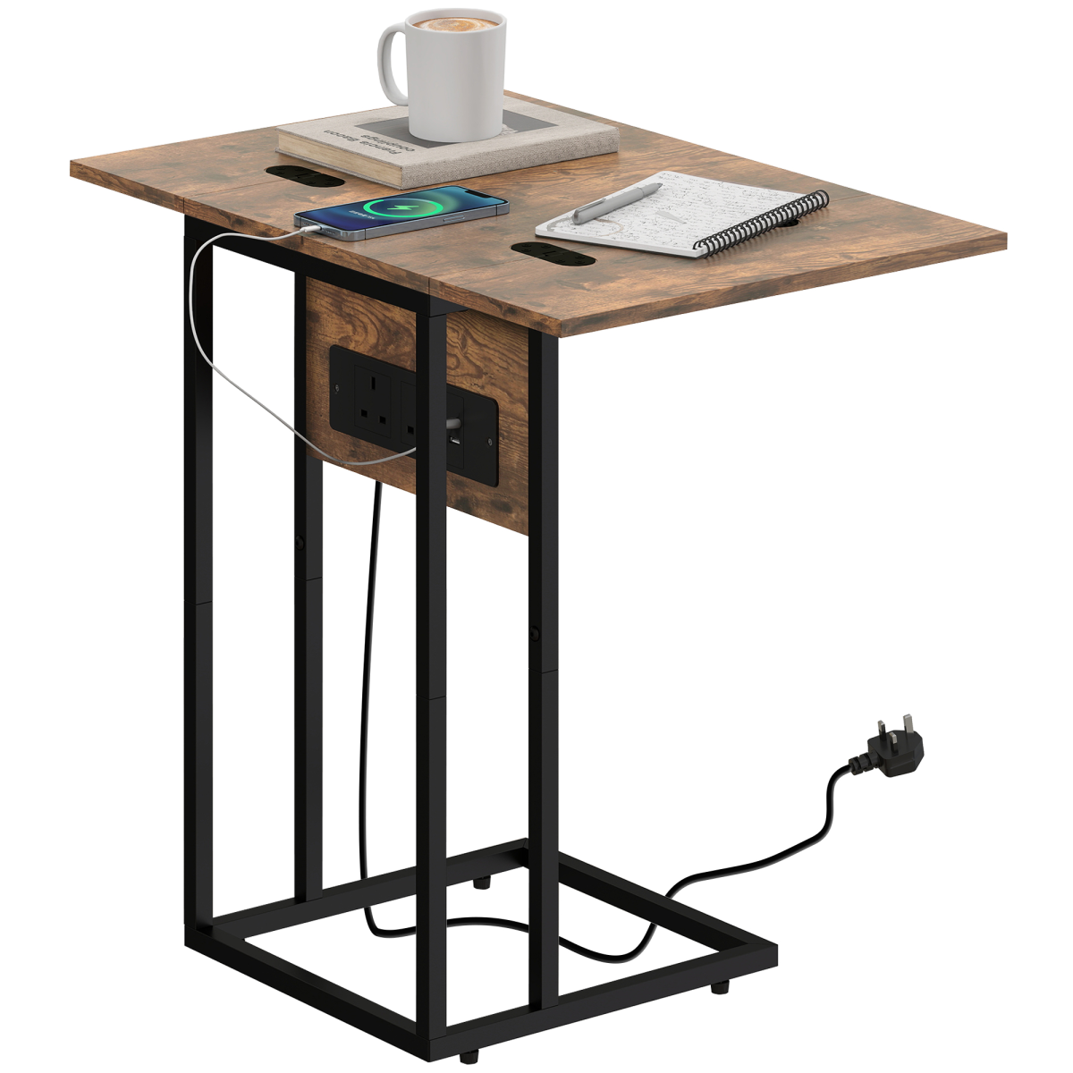 HOMCOM C Shaped Side Table with Charging Station and Foldable Top