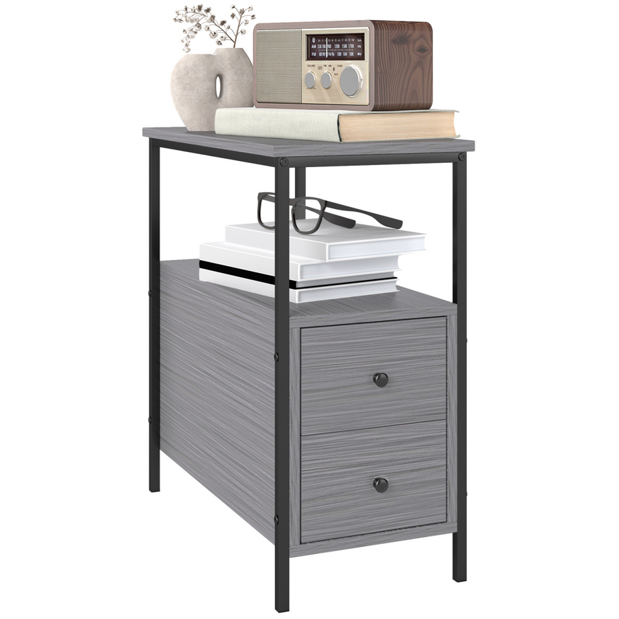 HOMCOM Narrow Grey End Table w/ 2 Drawers & Storage Shelf, 30kg Max