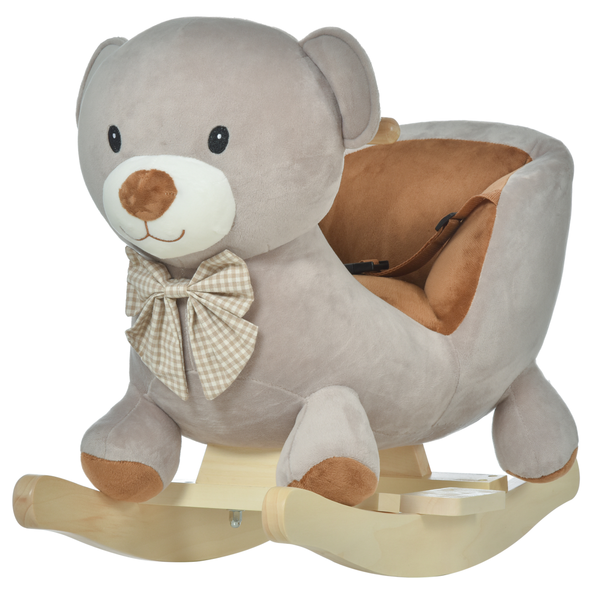 Kids Rocking Bear Plush Ride On Seat with Sound Button, Wood Base and Seat Belt