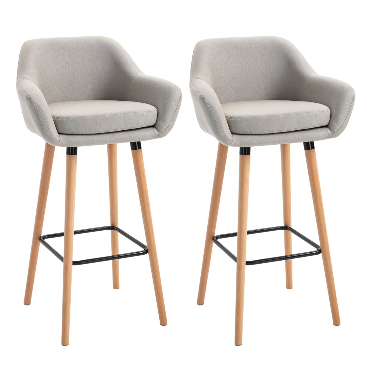 2 PCs Modern Upholstered Fabric Bucket Seat Bar Stools with Solid Wood Legs, Beige