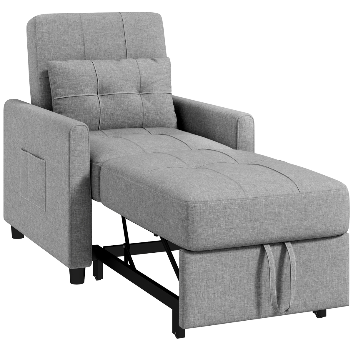 HOMCOM Pull Out Chair Bed with Pillow, Side Pockets, Light Grey