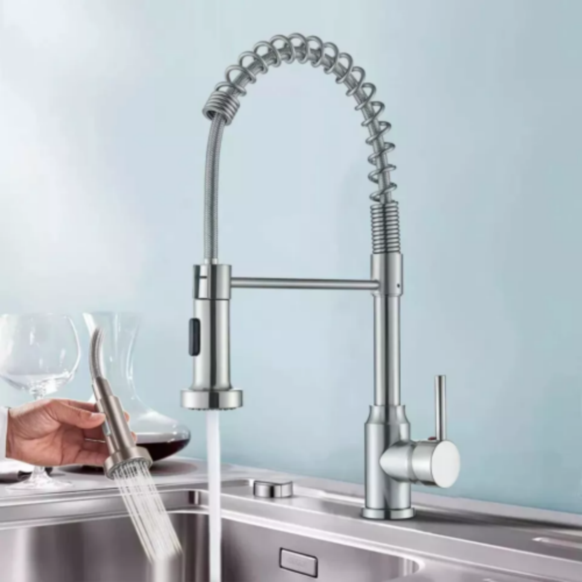 Monobloc Silver Kitchen Sink Mixer Tap with Pull Out Hose Spray, Single Lever