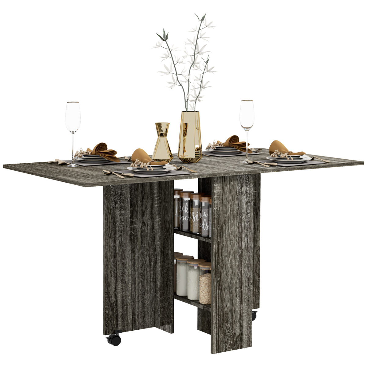 HOMCOM Mobile Drop Leaf Dining Table Folding Desk with 2 Wheels and Storage Shelves
