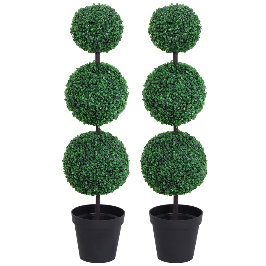 Outsunny Set of 2 Artificial Boxwood Three-Ball Topiary Trees, Green