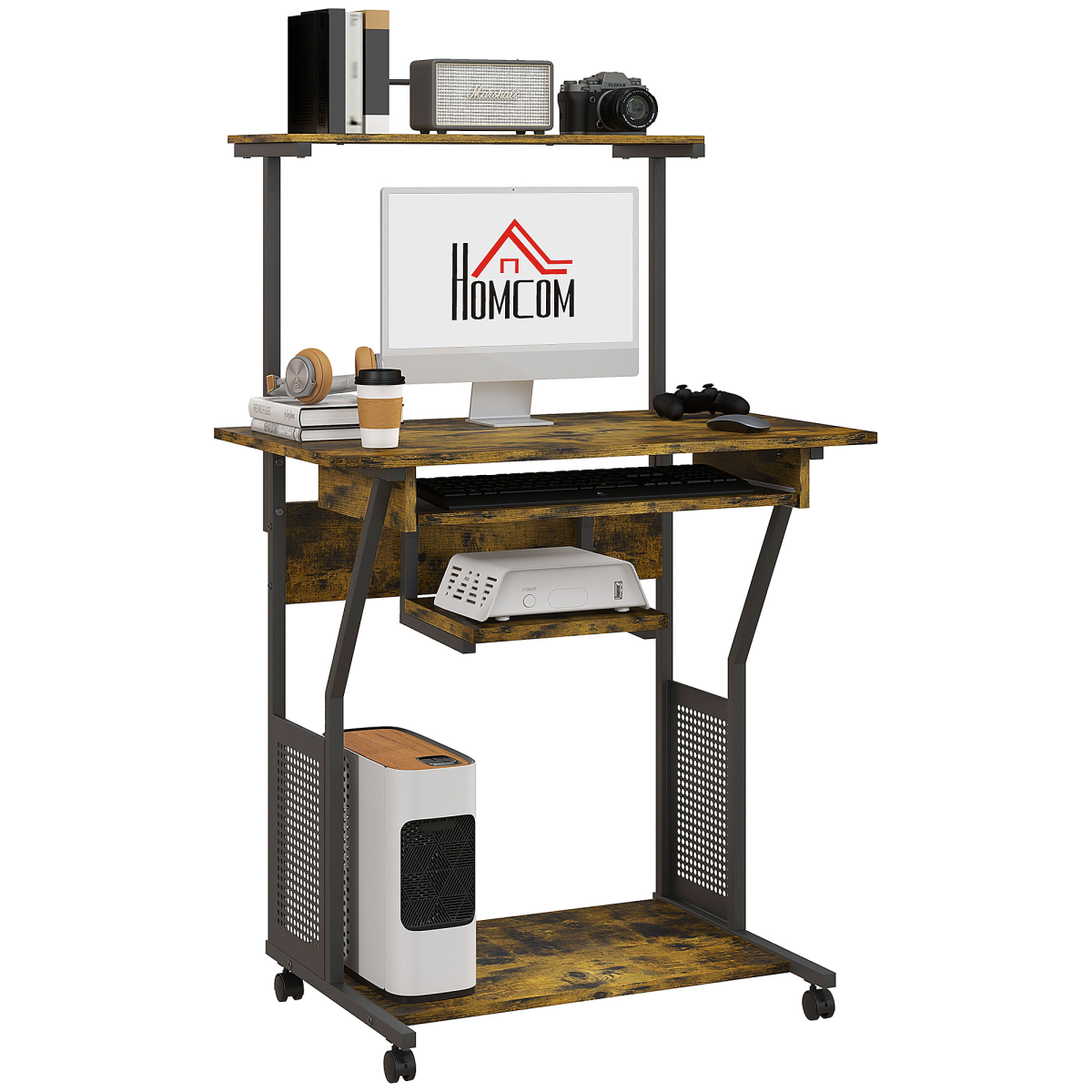 HOMCOM Rolling Computer Desk with Keyboard Tray and Storage Shelves