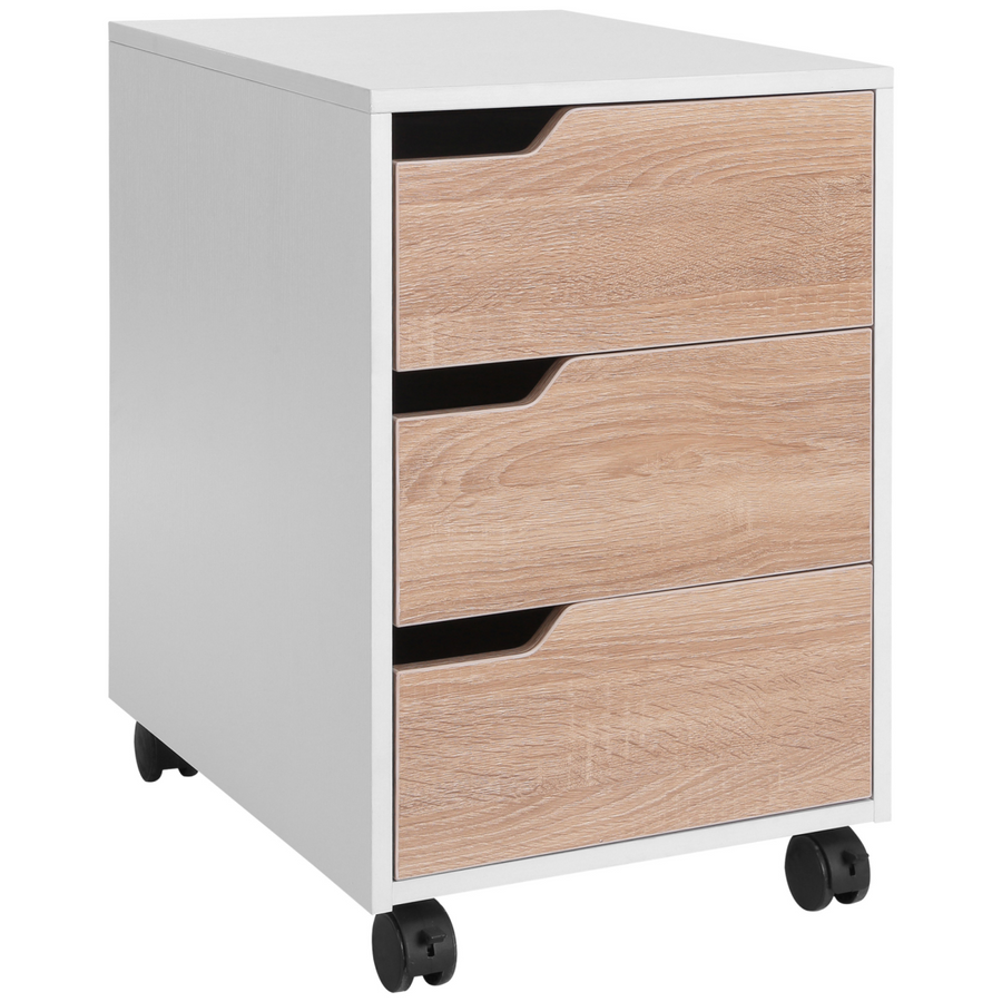 MDF Mobile File Cabinet with 3 Drawers, Locking Wheels, Metal Rails, Oak Tone White