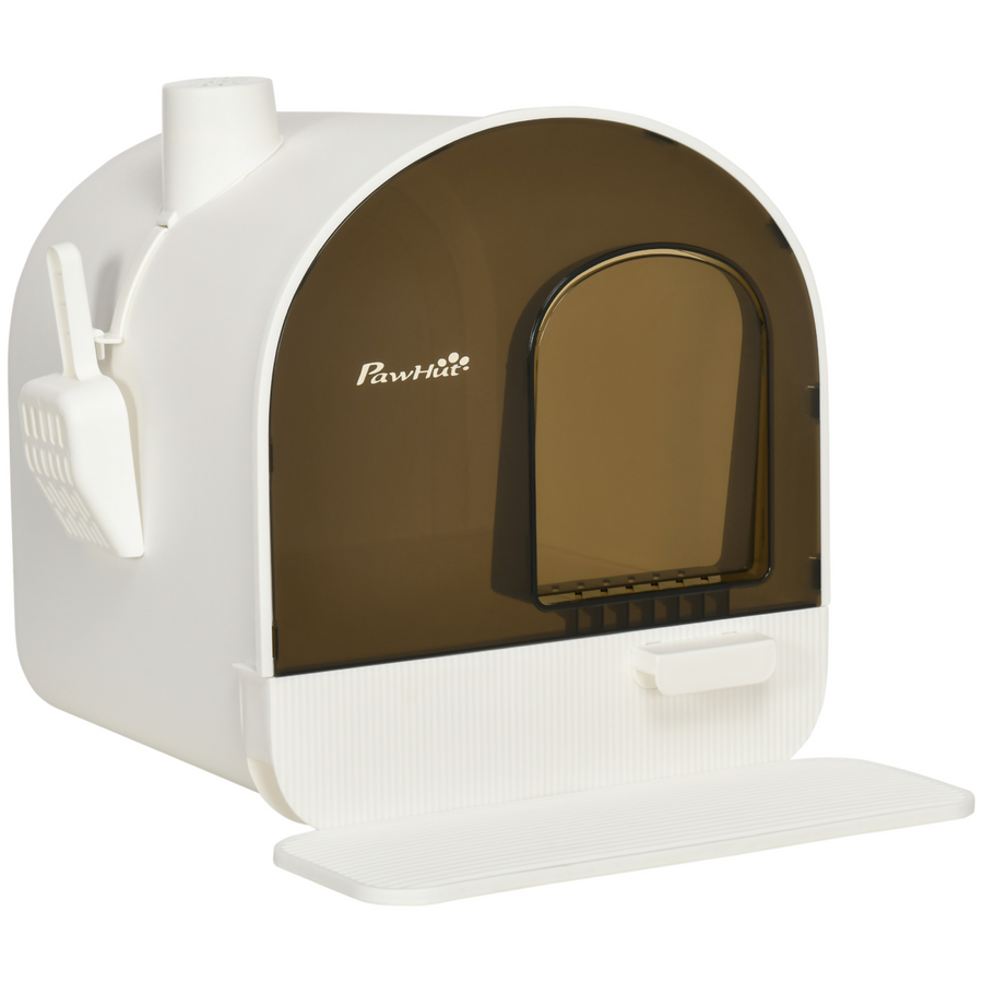 PawHut Hooded Cat Litter Tray Kitten Toilet with Scoop and Flap Door, 43 x 44 x 47cm