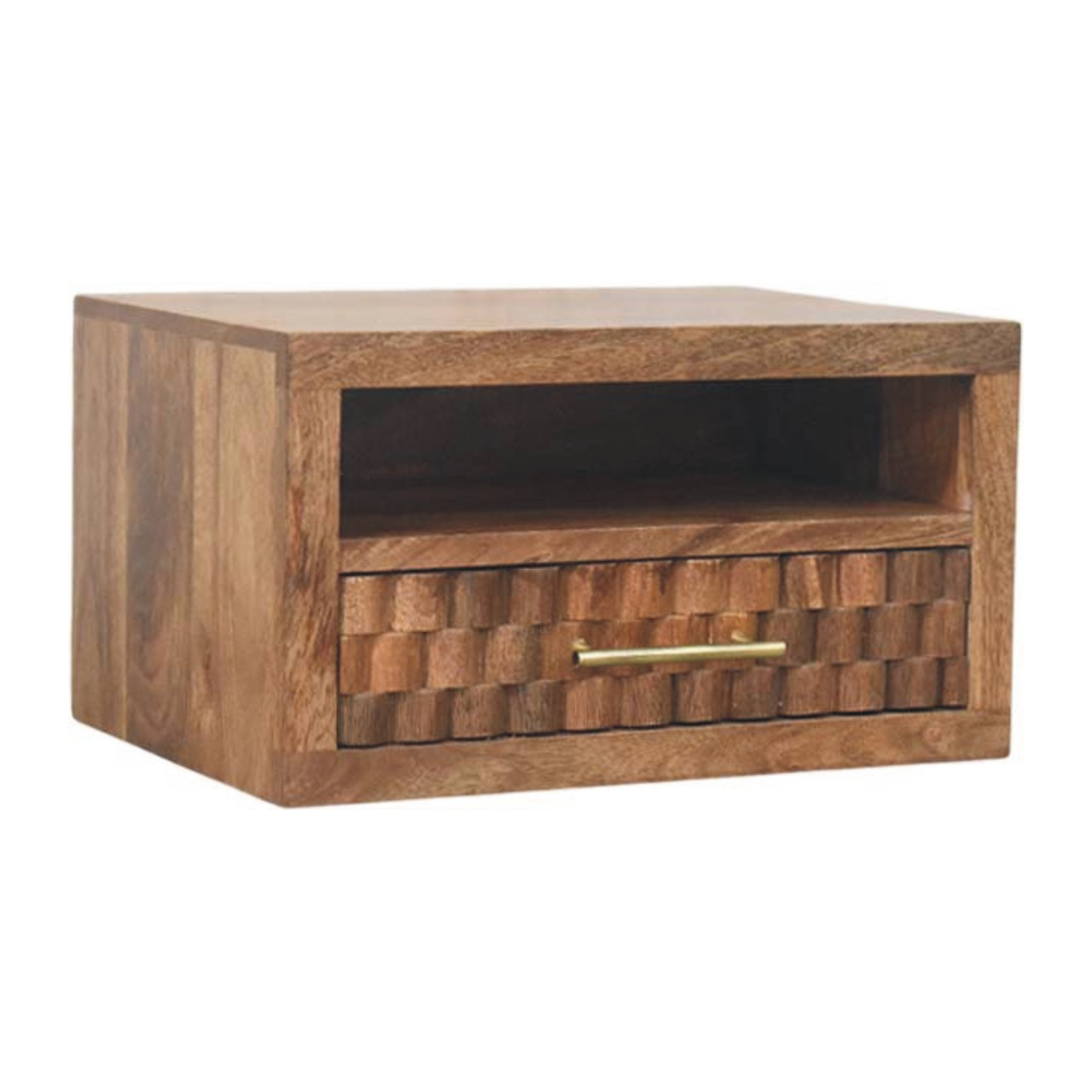 Artisan Furniture Solid Wood Arno Wall-Mounted Nightstand in Golden Teak, Drawer and Open Shelf, Brown
