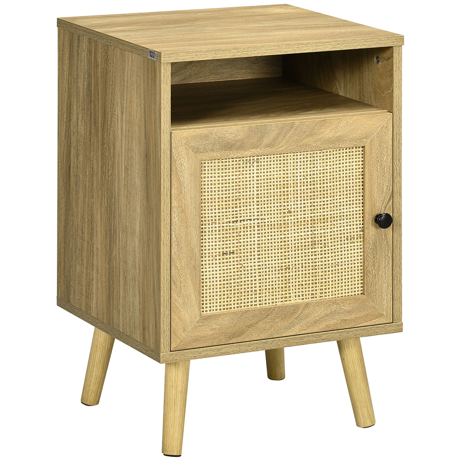 HOMCOM Rattan Bedside Table with Cabinet and Shelf, Natural