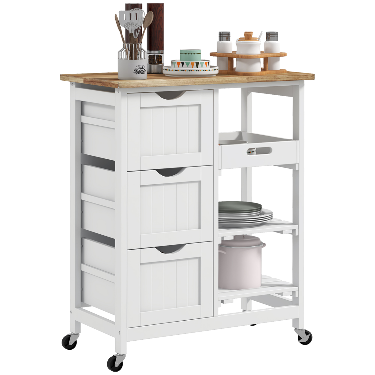 HOMCOM Rolling Kitchen Island Cart, Bar Serving Cart, Compact Trolley, White