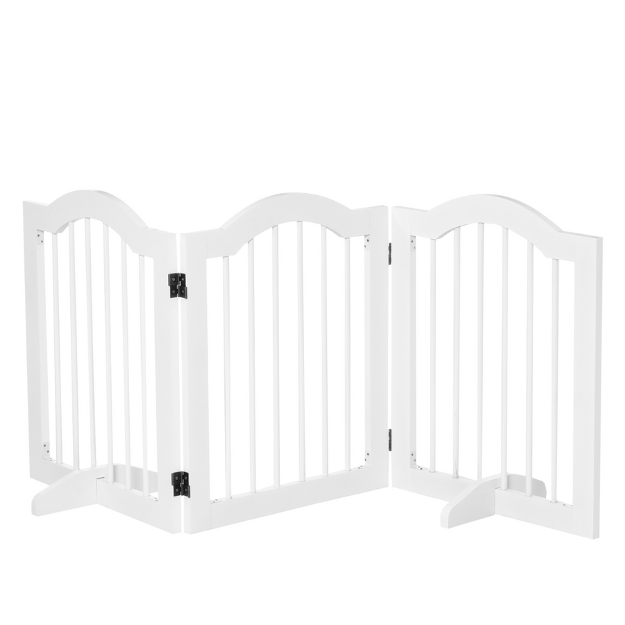 3 Panels Dog Gate with Support Feet, Freestanding Wood Fence Barrier, White
