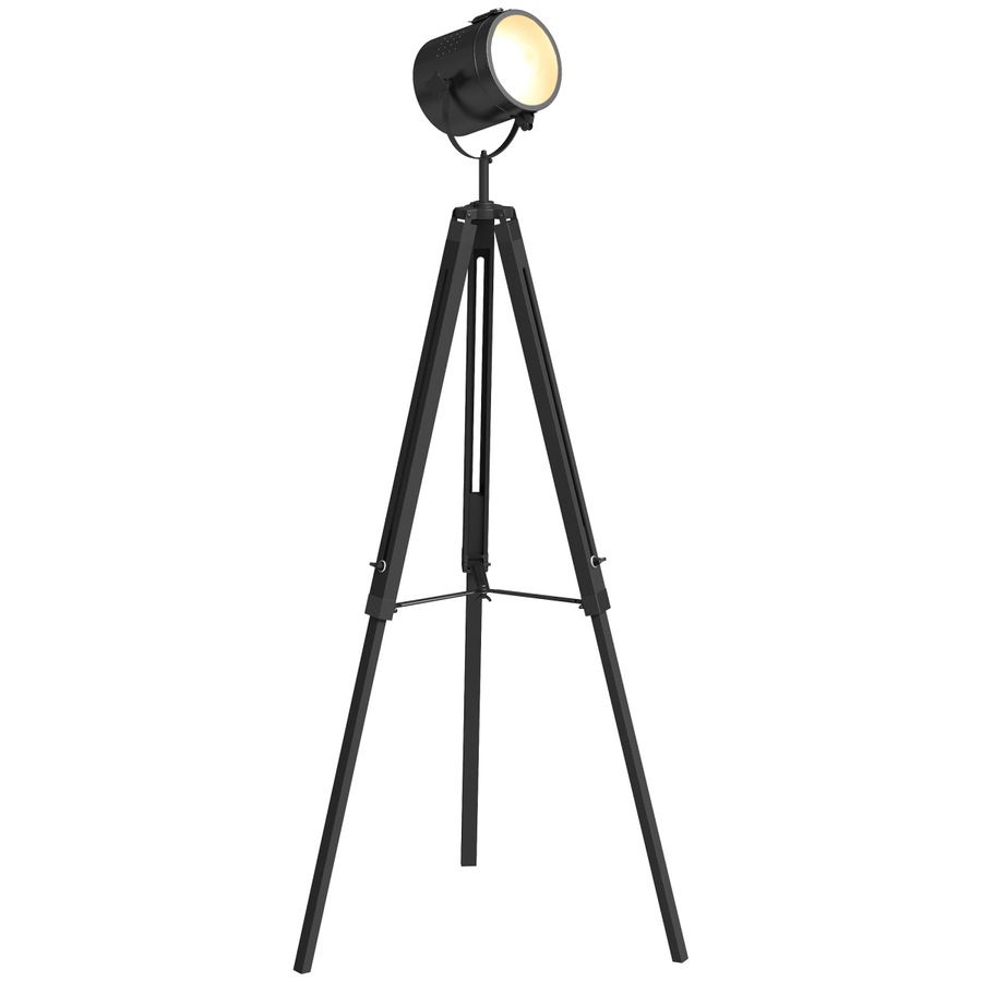 HOMCOM Industrial Tripod Floor Lamp, Black, Height Adjustable, E14