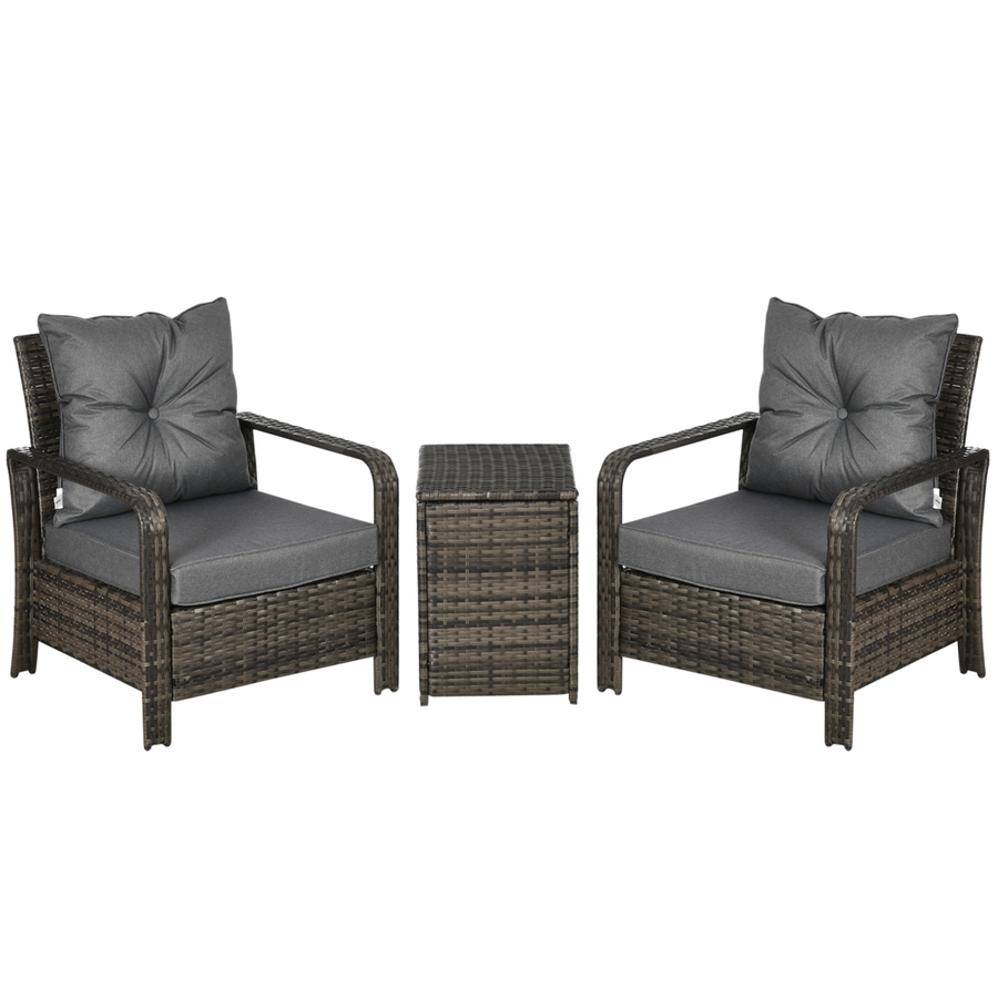 3 Piece PE Rattan Garden Sofa Set with 2 Chairs and Storage Table Grey