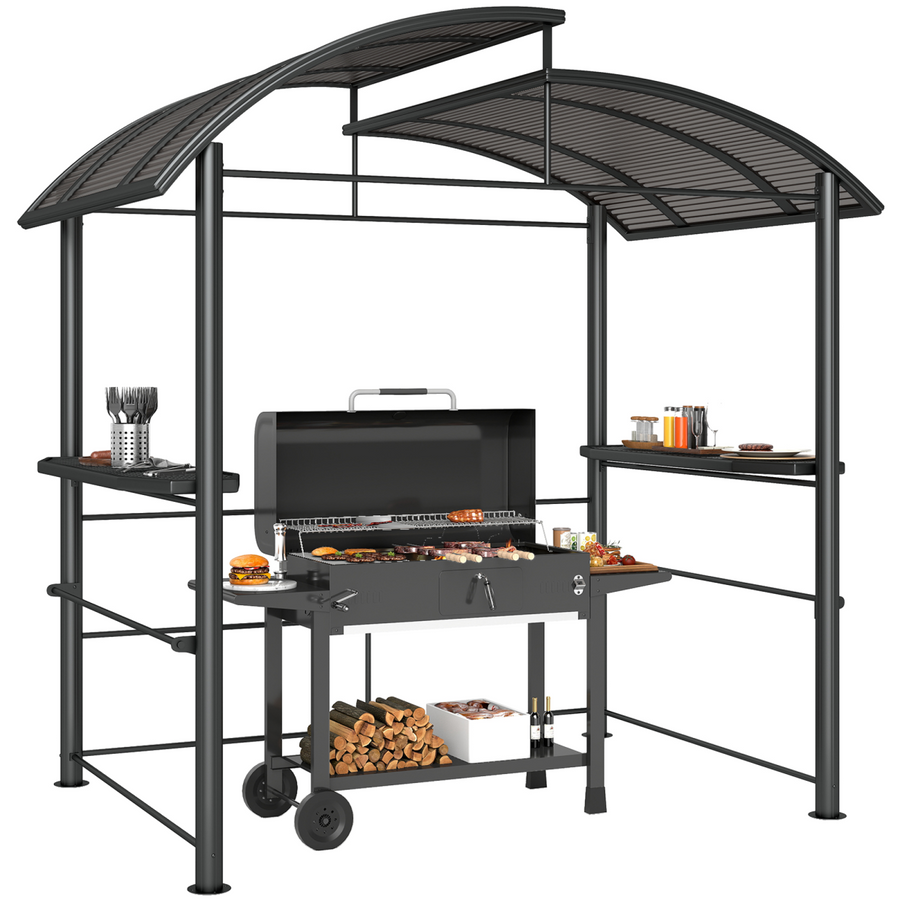 Outsunny BBQ Patio Canopy Gazebo with Interlaced Polycarbonate Roof 2 Shelves