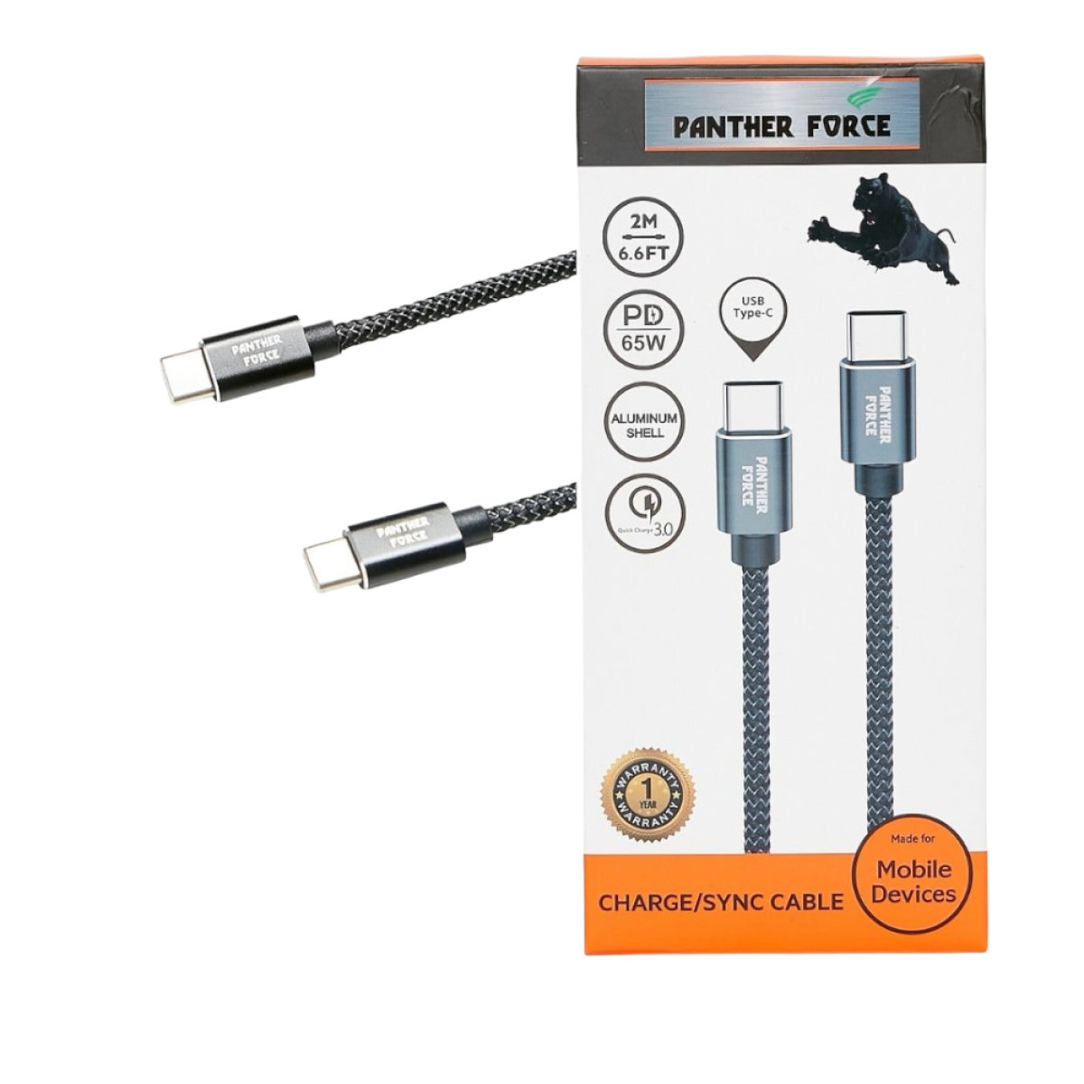 Panther Force Fast Charge USB-C to Type-C Cable - Extended Length for Convenient Charging
