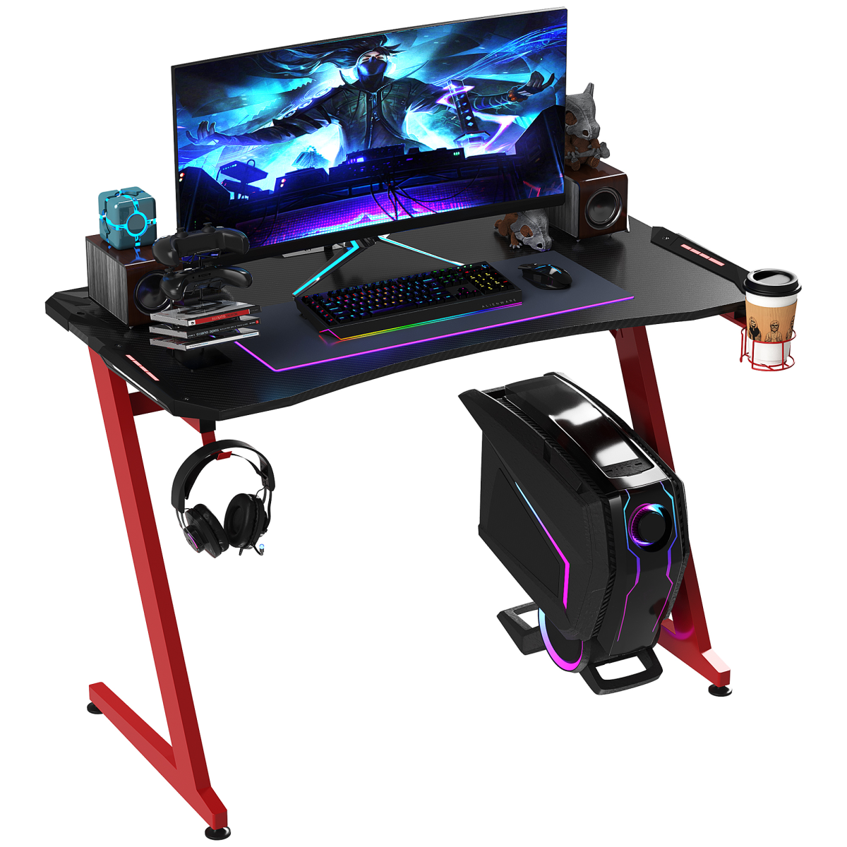 Gaming Desk with Gamepad Holder, Cup Holder, Headphone Hook, Home Office