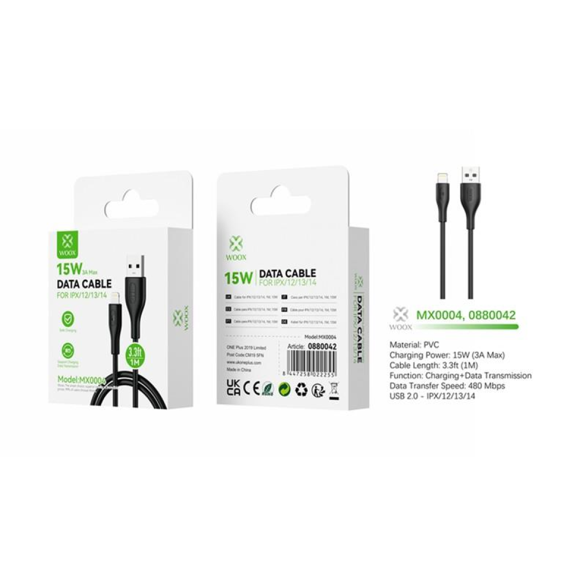 Woox MX0004 USB to Lightning PVC Data Cable, 15W, 3.3ft 1m, Black