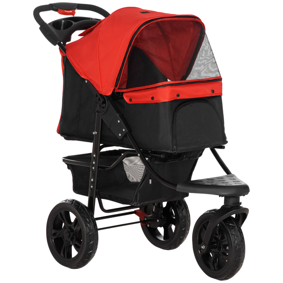 Folding 3 Wheel Pet Stroller with Adjustable Canopy, Storage and Brake