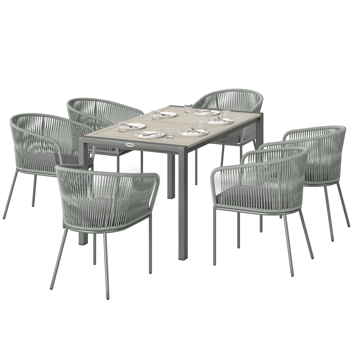 Outsunny 6 Seater Rattan Dining Set with Acacia Wood Table Top Seat Cushions