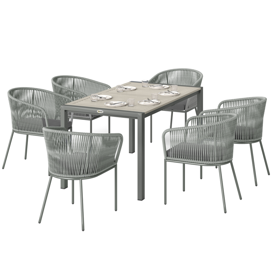 Outsunny 6 Seater Rattan Dining Set with Acacia Wood Table Top Seat Cushions