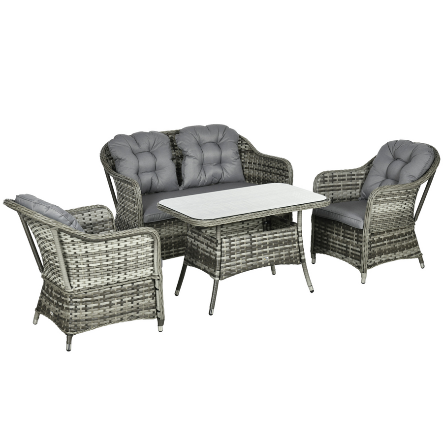 4-Piece Rattan Garden Furniture Set with Padded Cushions and Glass Top Table