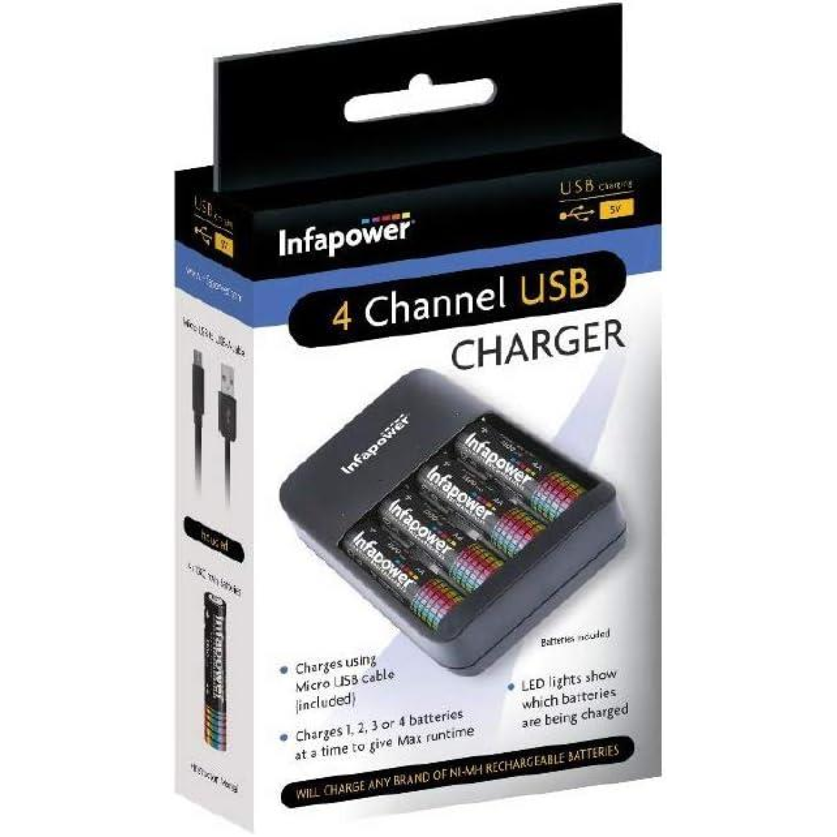Infapower 4-Channel USB Home Battery Charger + 4 x AA 1300mAh Batteries