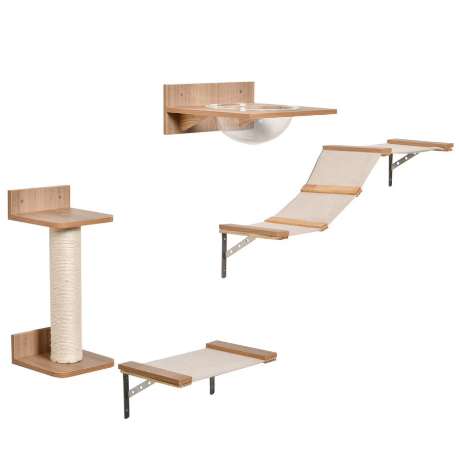 Cat Tree 4PCs Wall-mounted Shelf Set Climbing Tower with Hammock Scratching Post