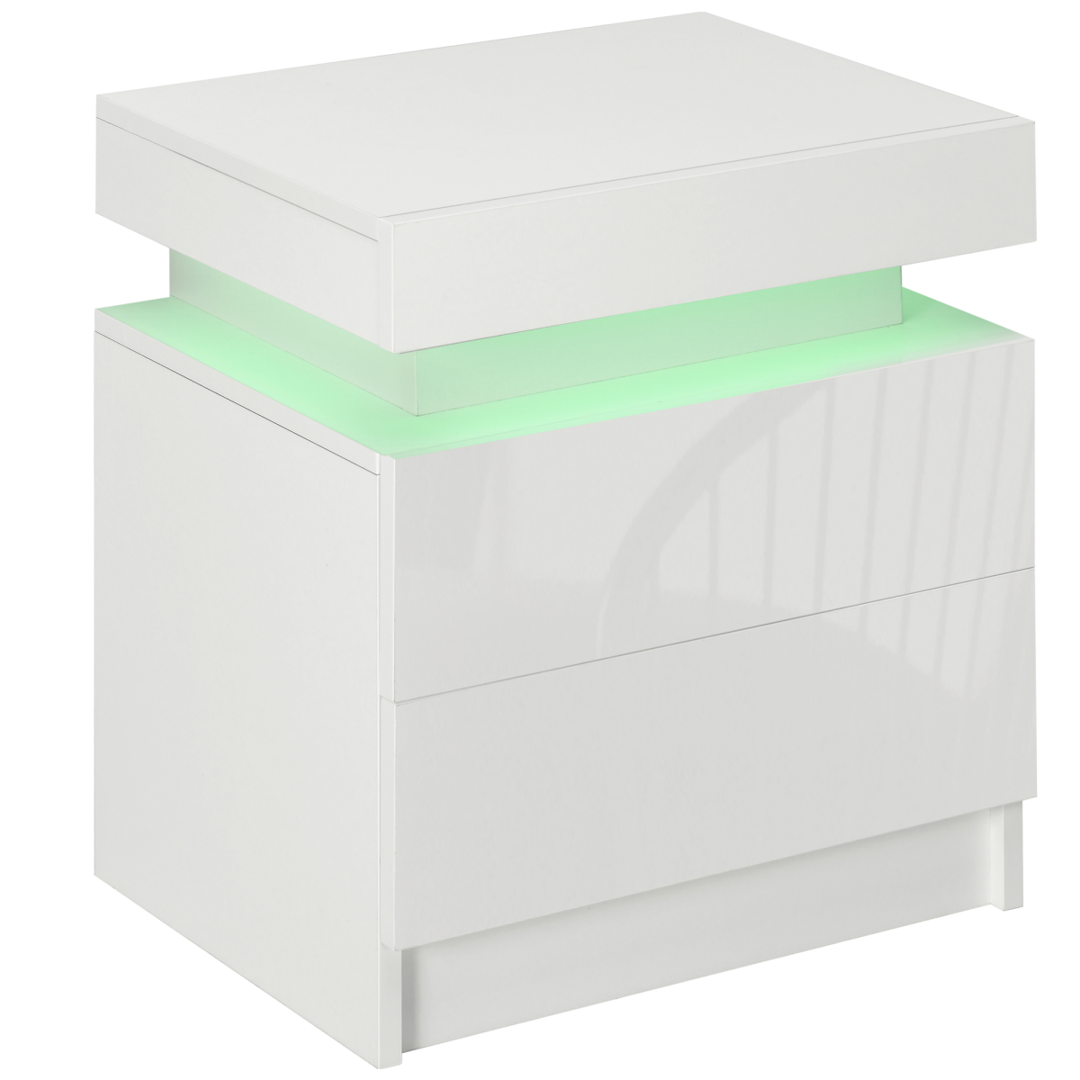 HOMCOM White Bedside Table, High Gloss Front Nightstand with LED Light, 2 Drawers