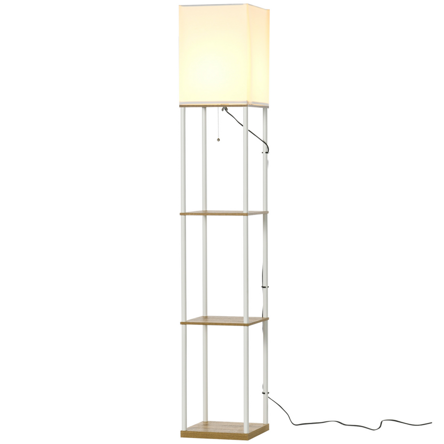 HOMCOM Modern Floor Lamp with Shelves and Fabric Lampshade
