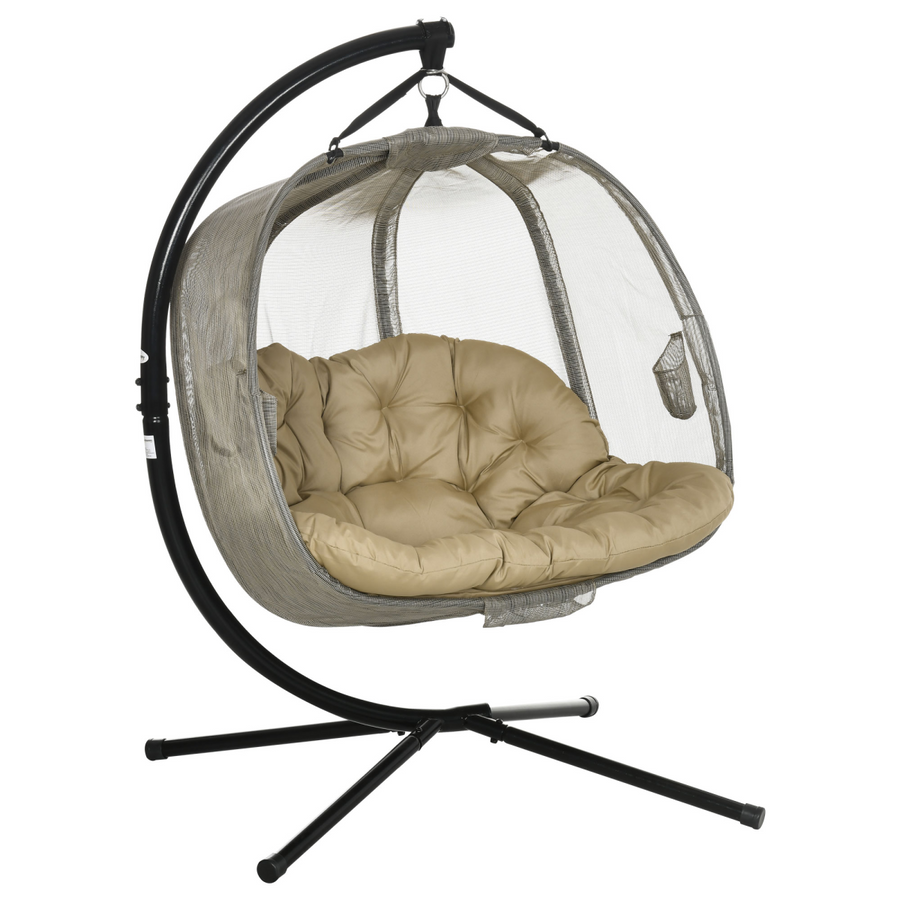 Double Hanging Egg Chair 2 Seaters Swing Hammock with Cushion, Brown