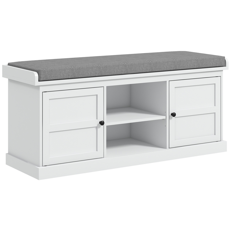 HOMCOM Shoe Storage Bench with Cushion, 2 Cabinets, White