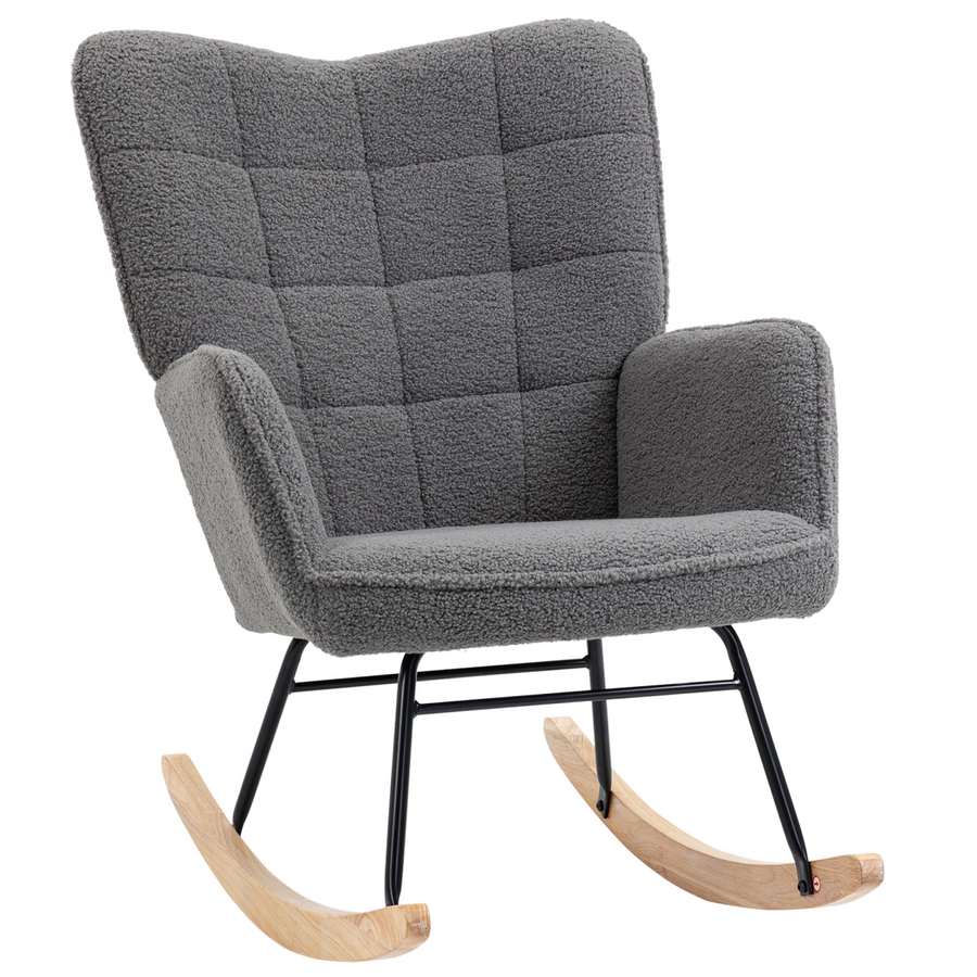 HOMCOM Wingback Rocking Chair for Nursing with Steel Frame and Wooden Base Grey