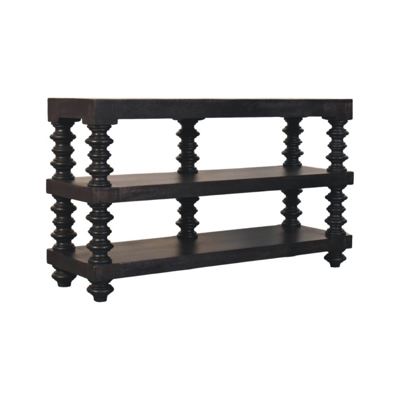 Artisan Furniture Solid Wood Spindle Shelf Console in Carbon Ash, 2 Open Slots