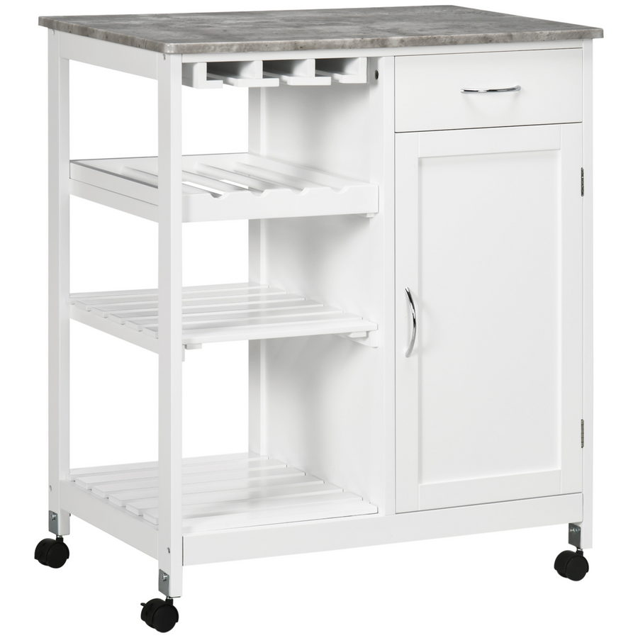 Kitchen Trolley Utility Cart on Wheels with Wine Rack, Drawer, Open Shelf, White