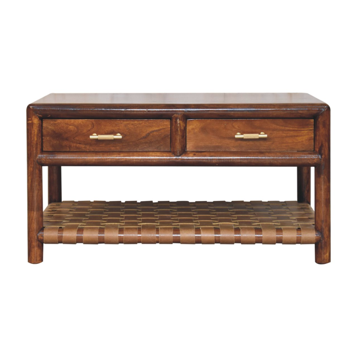 Artisan Furniture Solid Wood Regency Woven Console Table with 4 Drawers, 1 Shelf, Dark Brown