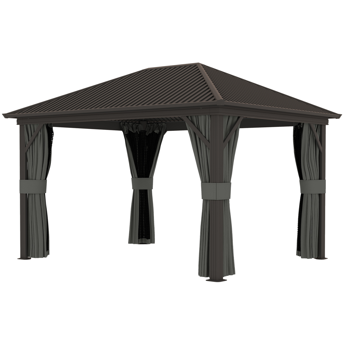Outsunny 3.6 x 3 m Metal Garden Hardtop Gazebo with Screened Curtain Dark Grey