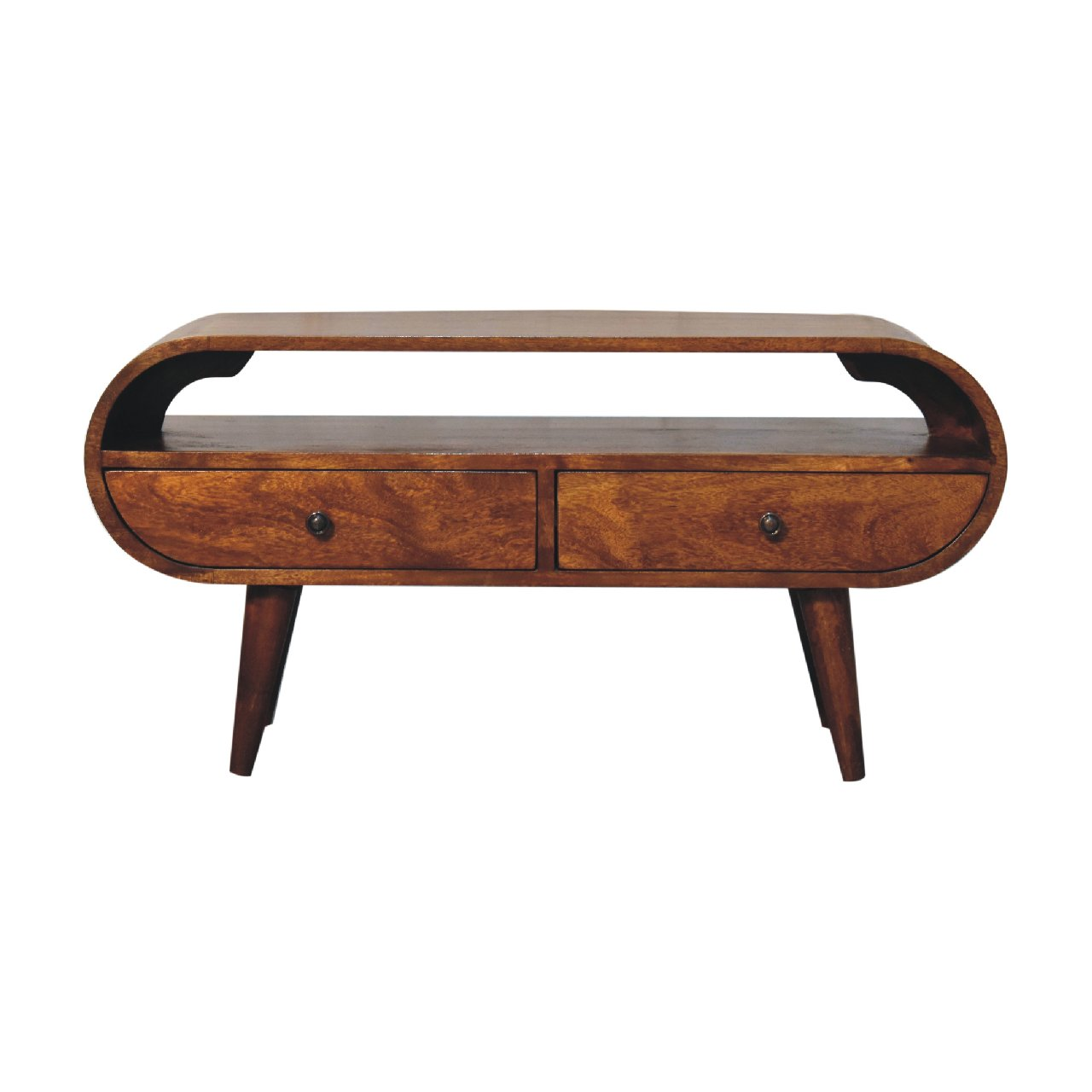 Artisan Furniture Solid Wood Chestnut Circular TV Stand, 2 Drawers, 1 Open Slot, Dark Brown