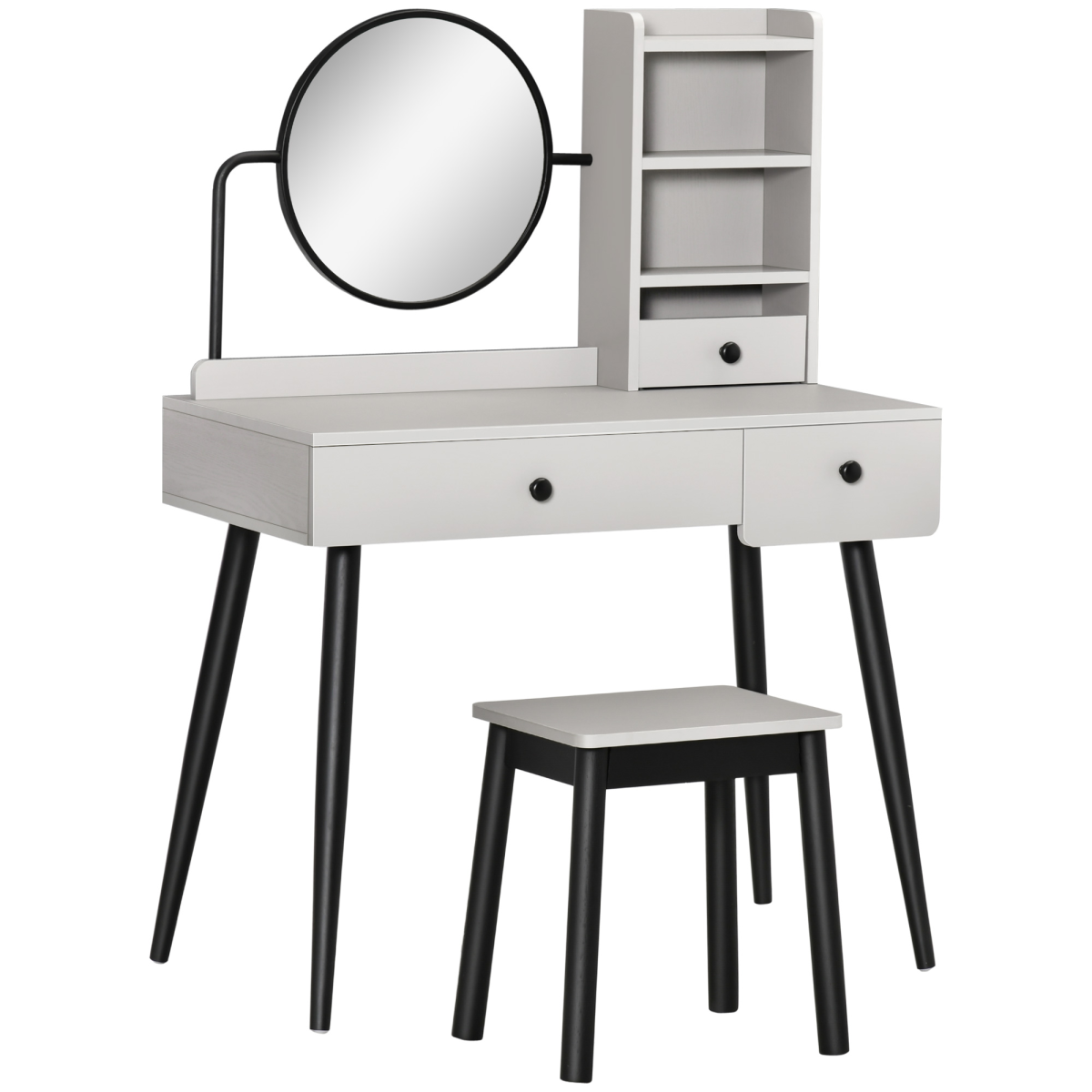 Dressing Table Set with 3 Drawers, Storage Shelves and Stool, Grey