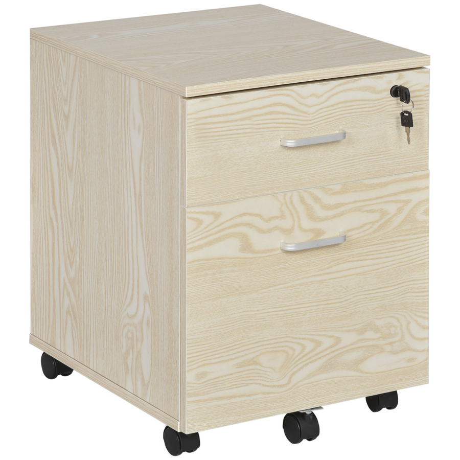 2-Drawer Locking Rolling Office Filing Cabinet with 5 Wheels, Oak