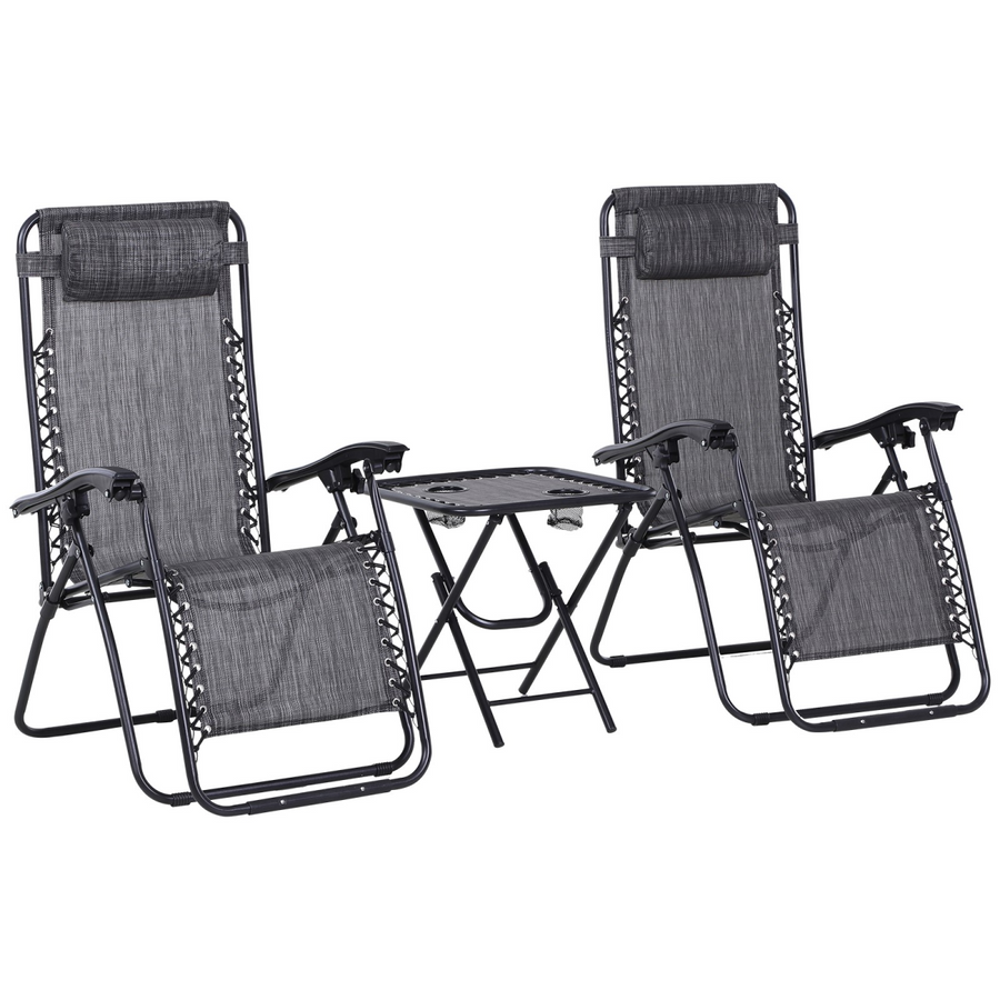 3PC Zero Gravity Chairs Sun Lounger Table Set with Cup Holders - Light Grey