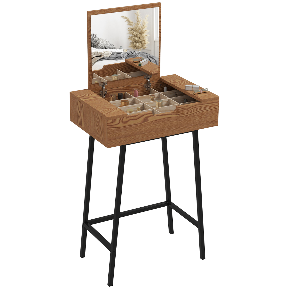 HOMCOM Industrial Vanity Desk with Mirror and Steel Legs, Natural Wood Effect