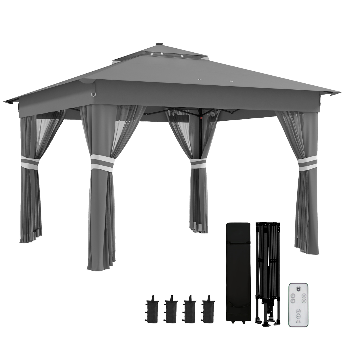 Outsunny 3x3m Pop Up Gazebo with Solar-Powered LED Lights, Curtain Netting, Grey