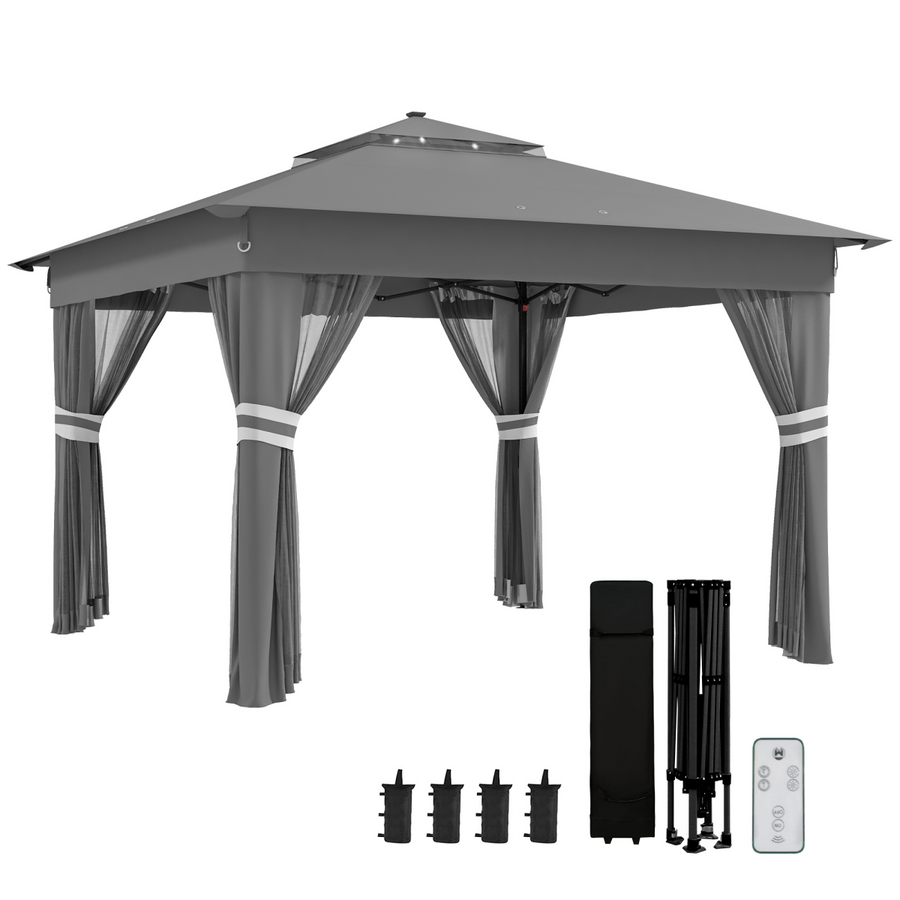 Outsunny 3x3m Pop Up Gazebo with Solar-Powered LED Lights, Curtain Netting, Grey