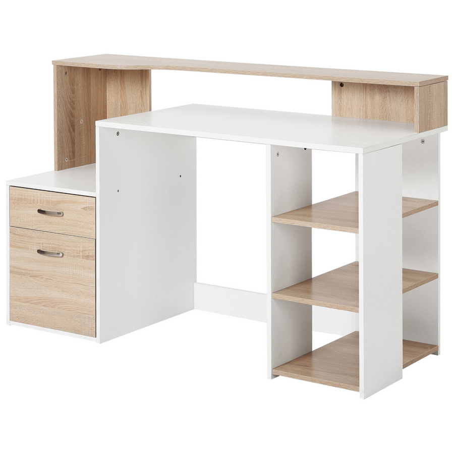 Multi-Storage Workstation Desk Table with Shelves, 2-Drawer Cabinet and Printer Space