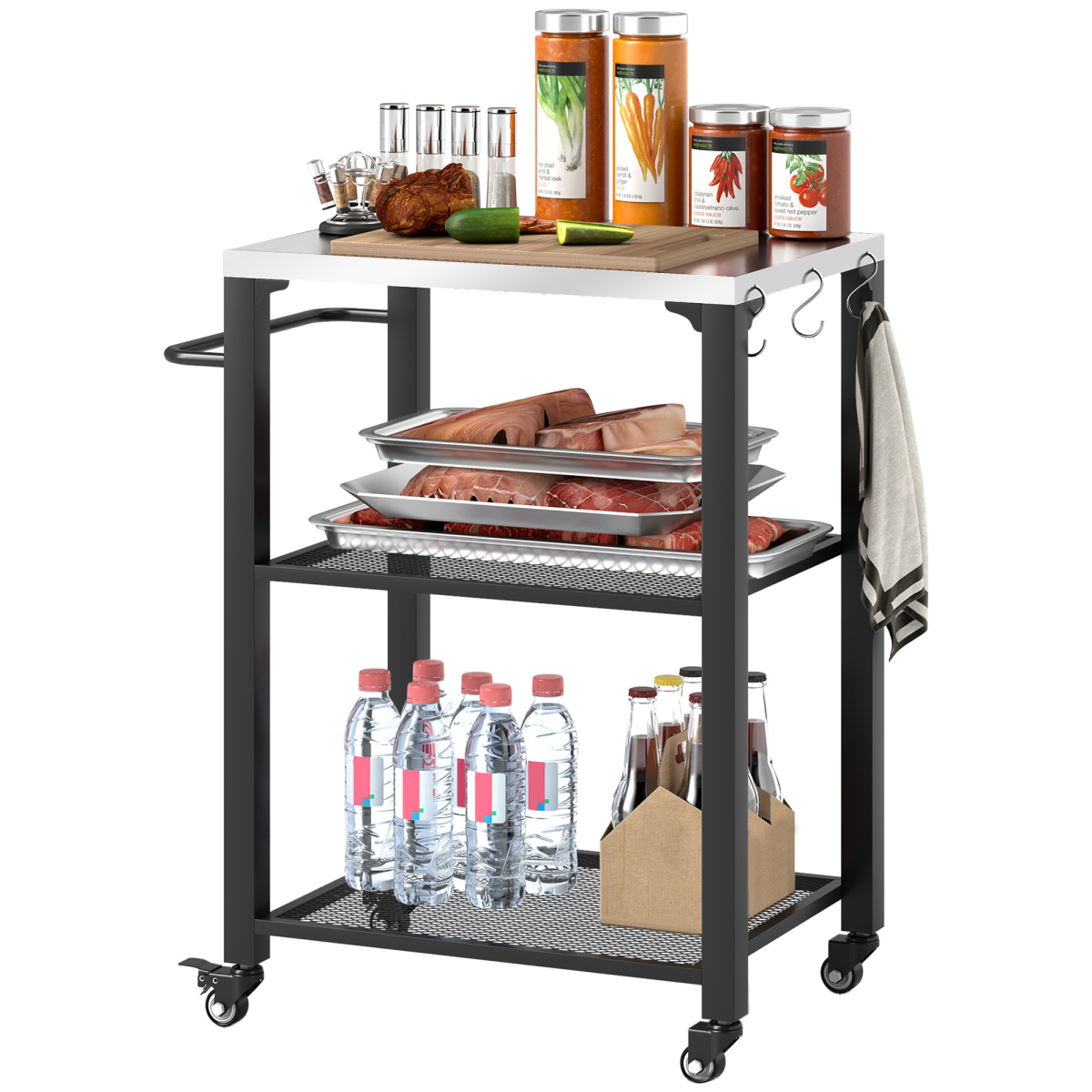 Outsunny 3-Shelf Outdoor Grill Cart with Stainless Steel Top