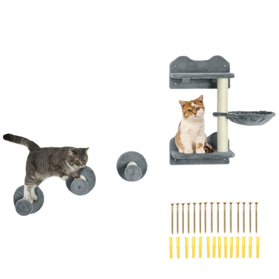 Cat Shelf with Scratching Post, Wall-Mounted Cat Tree, Grey