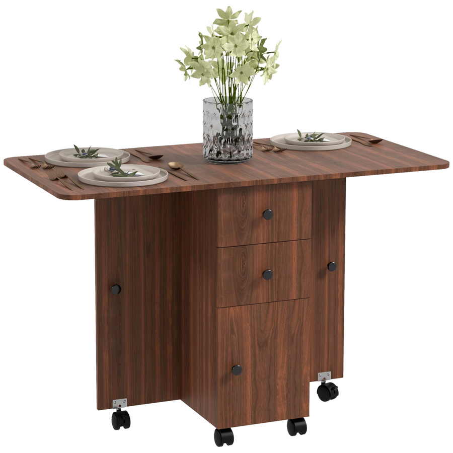 HOMCOM Folding Dining Table, Drop Leaf Table With Drawers, Distressed Brown