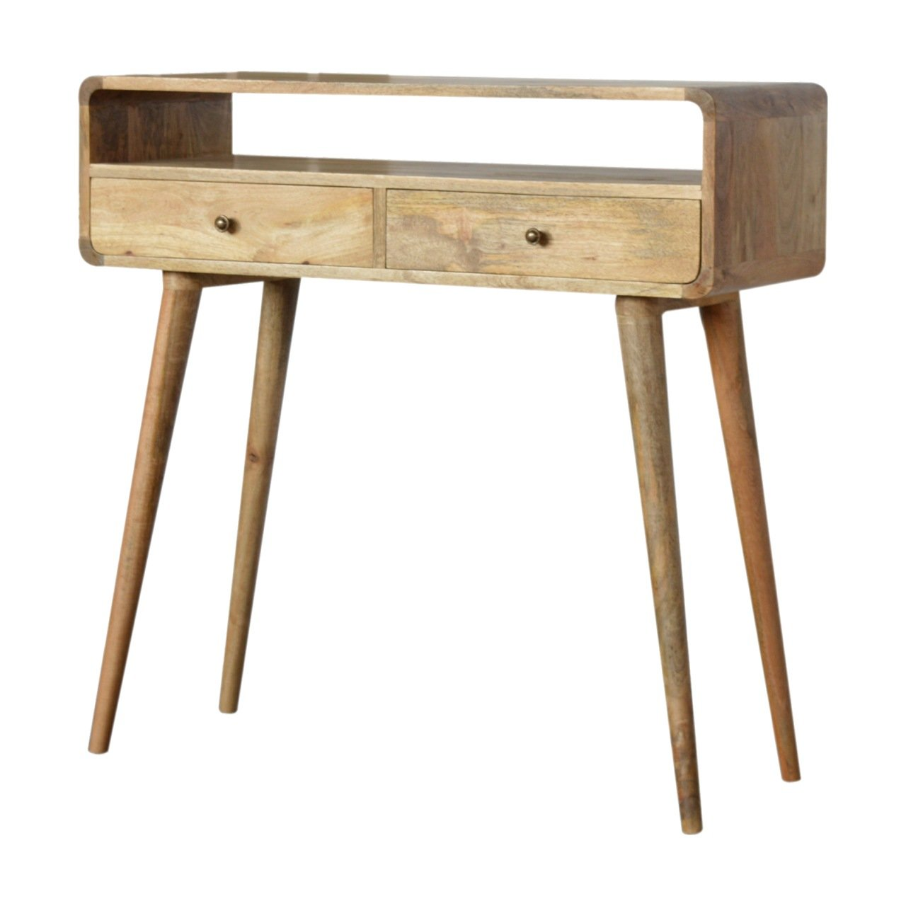 Artisan Furniture Solid Wood Curved Oak-ish Console Table, 2 Drawers, 1 Open Slot, Beige