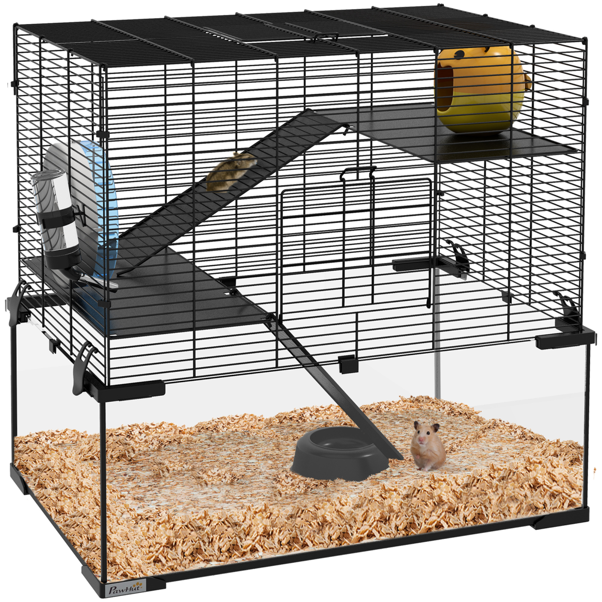 3 Tiers Hamster Cage with Deep Glass Bottom, Dish and Hut, 60 x 40 x 57cm