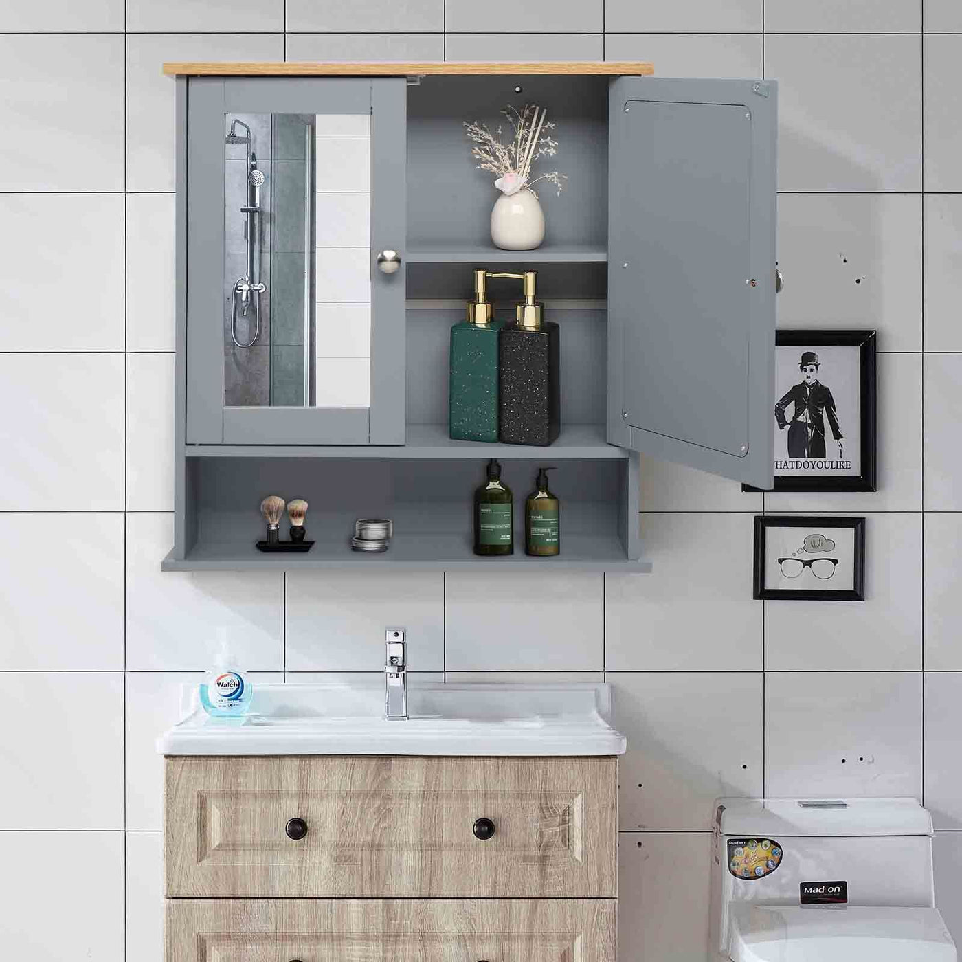 2 Mirror Door 1 Storage Layer MDF Bathroom Wall Cabinet Gray